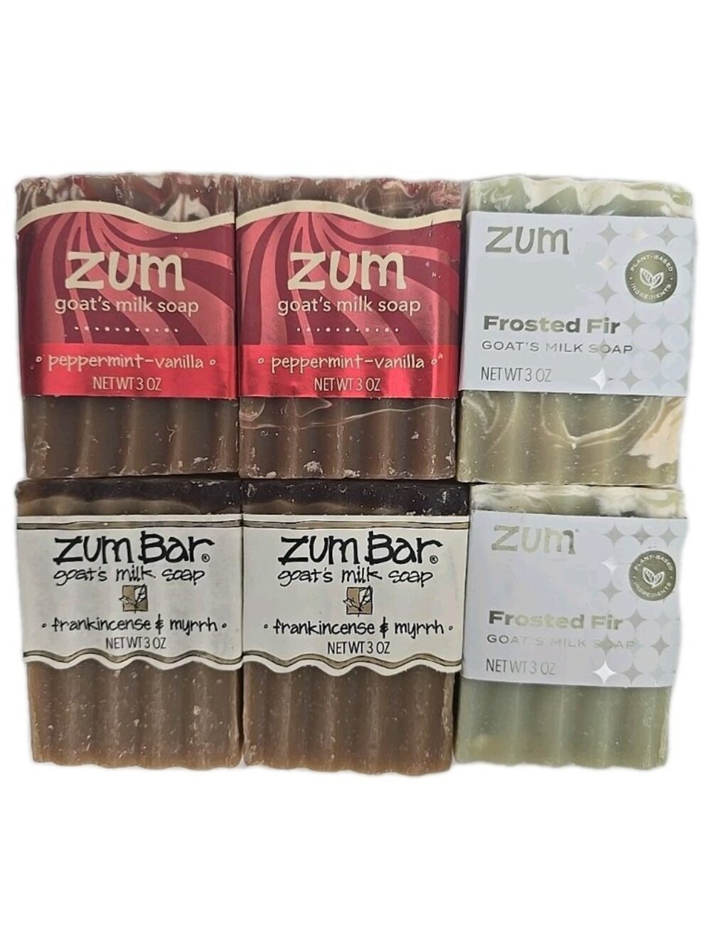 6-PACK Zum Goat's Milk Soap Bar Peppermint Vanilla Frosted Fir Frankincense 3 oz